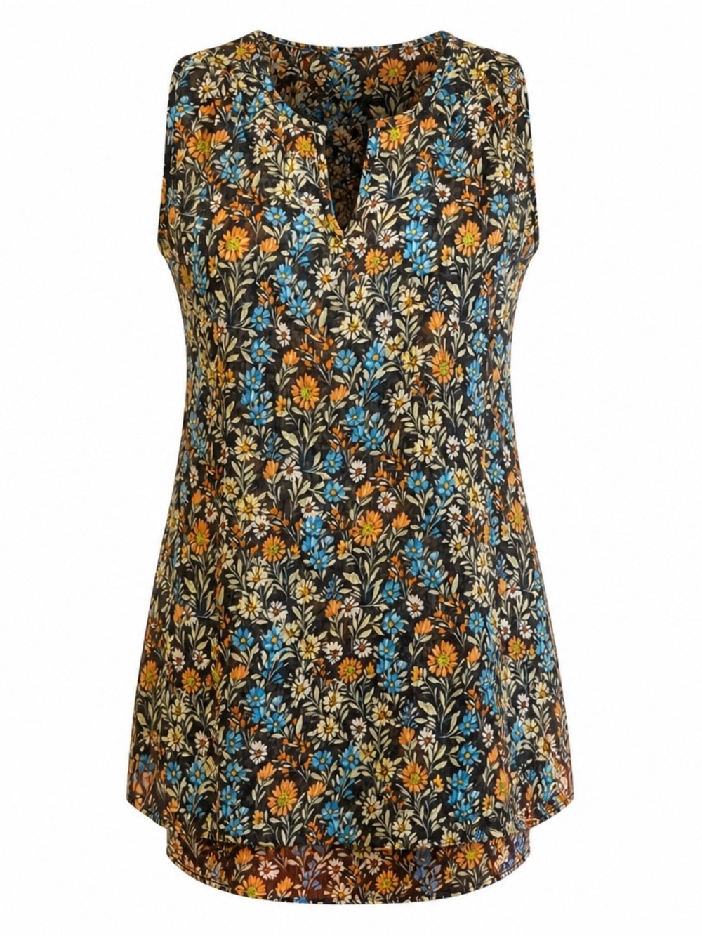 Christina Black Sleeveless Tunic with Blue & Orange Floral Print